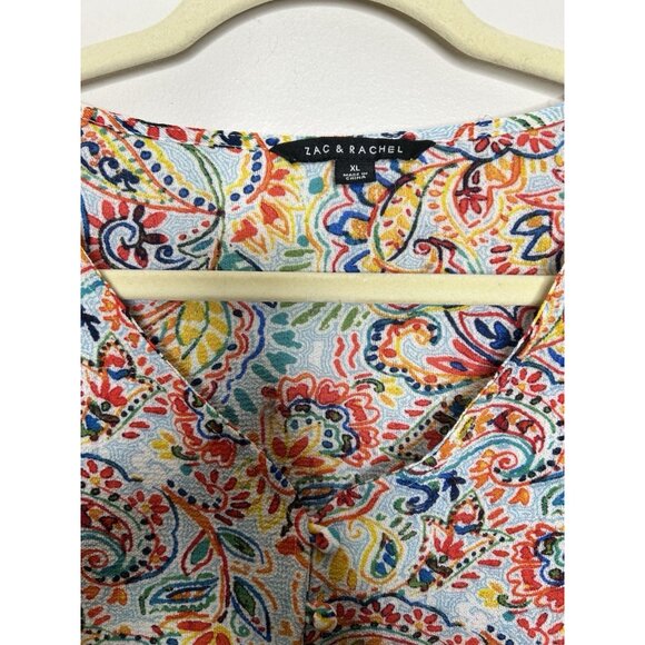 Zac & Rachel White Colorful Floral Short Sleeve V Neck Top Blouse Size XL - Picture 3 of 8